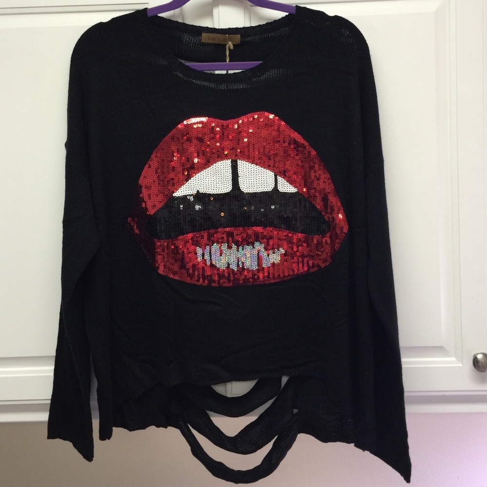 The Classic Black Sweater with Red Sequin Lips